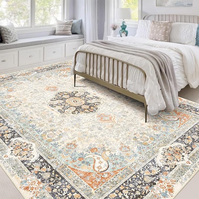 5x7 Area Rugs Washable,Vintage Rug for Living Room Bedroom Kitchen,Large Boho Bohemian Distressed Carpet Non Slip,Retro Blue Grey Floral