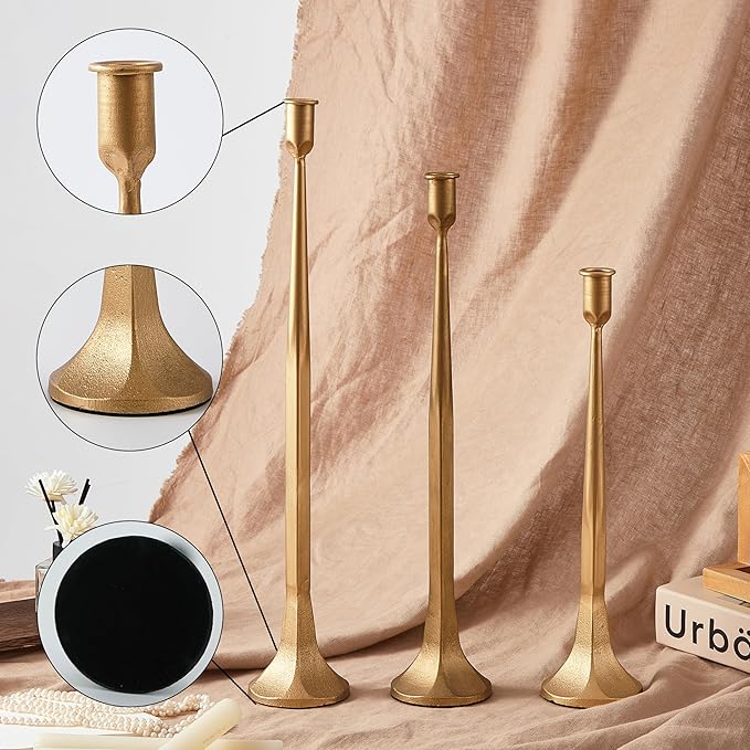 Denique Iron Taper Candle Holder Set of 3, Gold Candlestick Holders 19.3”17” 14” Heightening Decorative Candle Stand Set for Wedding, Dining Table, Home Decoration (Gold)