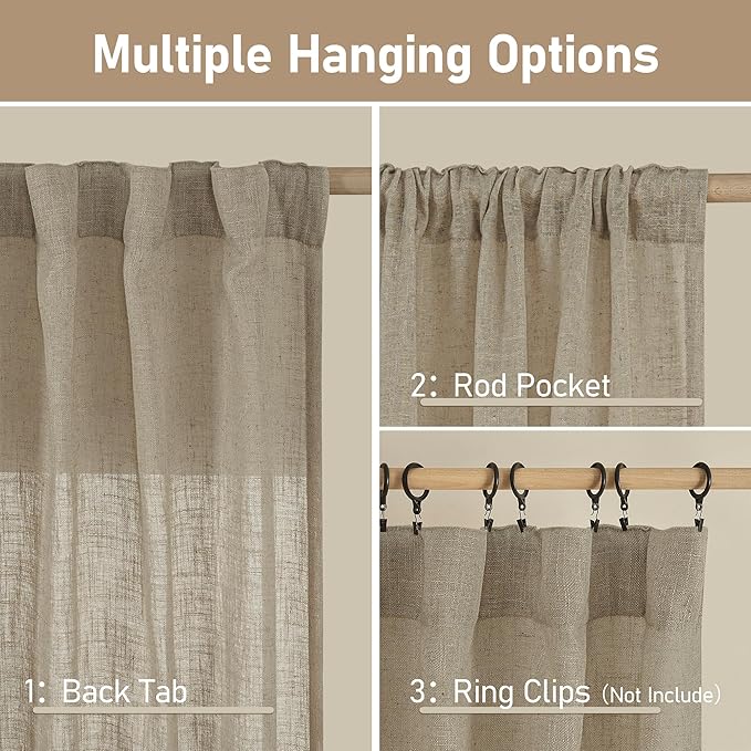 LAMIT Taupe Linen Curtains 54 Inch Length 2 Panels, Light Filtering Panels Back Tab and Rod Pocket Country Decor Drapes for Bathroom/Window/Bedroom, 52 x 54 Inch