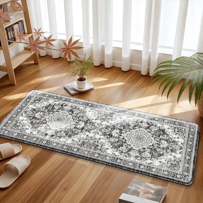 Boho Kitchen Mats for Floor 2 Piece Set Anti Fatigue Cushioned PVC Kitchen Rugs Non Slip Waterproof Farmhouse Mats 2/5 Inch Comfort Standing Mat for Sink, Laundry, Office, 17.3"x47"+17.3"x28", Grey