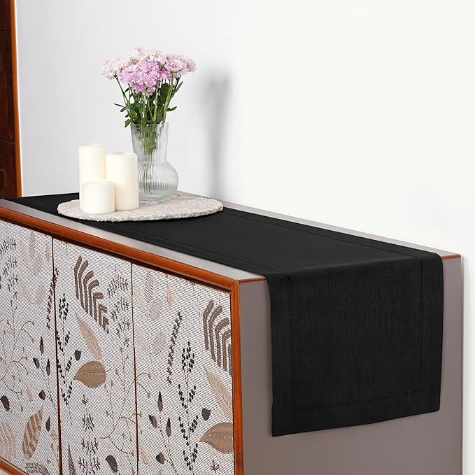 D'Moksha Homes Linen Black Table Runner 60 Inches - Classic Hemstitch, 100% Pure Linen Coffee Table Runner 14 x 60 Inch Ideal for Dresser Tables - Spring, Easter