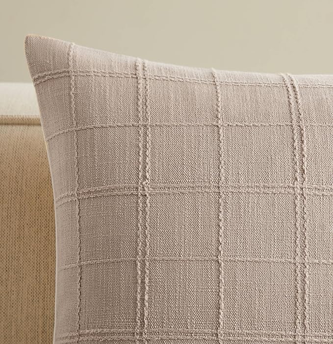 ZeeMart Linen Checked Throw Pillow Covers Set of 2, 20x20 Inch Taupe/Cream, Farmhouse Decorative Single Sided Grid Embroidered Couch Pillow Cases Light Brown Cotton Linen Cushion Covers
