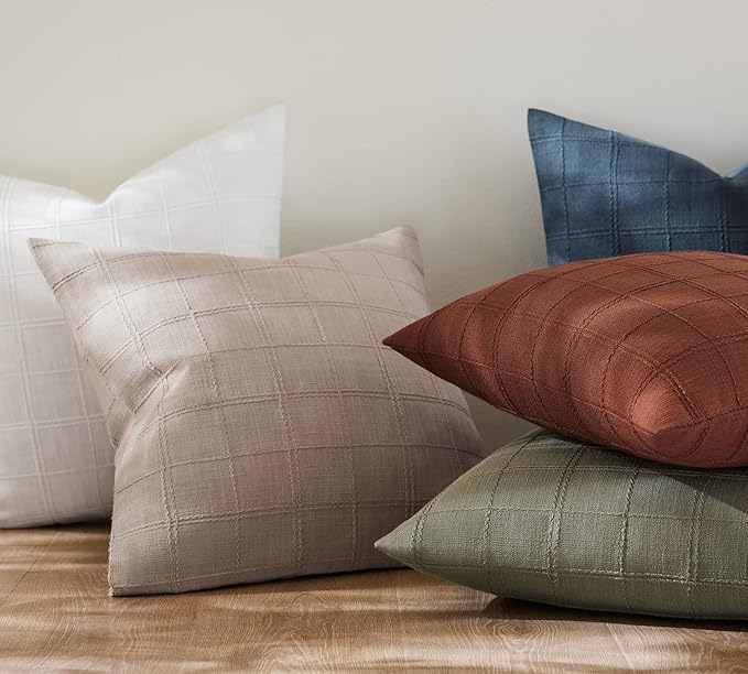 ZeeMart Linen Checked Throw Pillow Covers Set of 2, 16x16 Inch Allover Grid Taupe, Farmhouse Decorative Double Sided Grid Embroidered Couch Pillow Cases Taupe Cotton Linen Cushion Covers