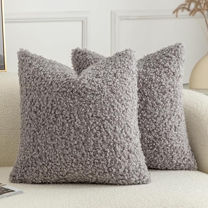 Pack of 2 Curly Teddy Wool Faux Fur Throw Pillow Covers Fuzzy Accent Soft Sherpa Pillowcases Sheepskin Fleece Decorative Cushion Case for Sofa Couch Living Room 18x18 Inch Light Grey