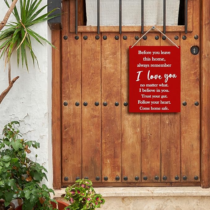 FUGWN Before You Leave This Home Always Remember I Love You Sign Hanging Wooden Signs 8x10, Entryway Wall Decor, I Love You Sign, Love Wall Decor, Inspirational Motivational Wall Decor(Red)