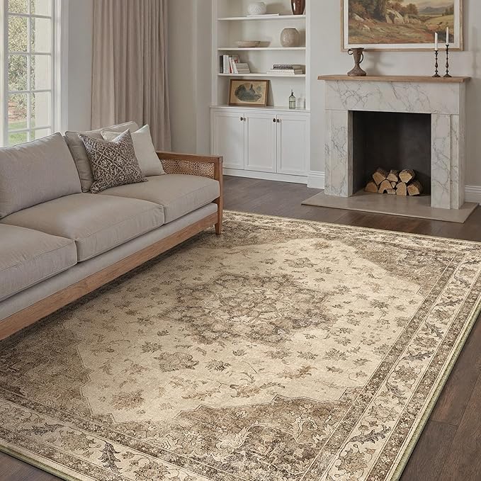 Brown Area Rug 6x9 Washable Vintage Carpet for Living Room Bedroom Large Soft Retro Low Pile Thin Indoor Rug Non Slip Oriental Medallion Floor Cover for Dining Room Office