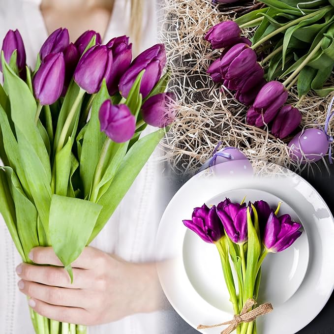 Sggvecsy 15 Pcs Fake Tulips Artificial Flowers Real Touch PU Faux Flowers Tulip Stems for Wedding Spring Bouquet Floral Arrangement Home Party Office Decorations for Mother's Day (Purple)
