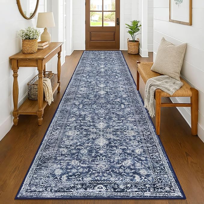 KILOCOCO Runner for Hallway 3x14 Runner Rug Printed Vintage Floral Washable Rug Kitchen Runners Soft Non-Slip Low Pile Hallway Runners Laundry Room Distressed Boho Rugs, Blue