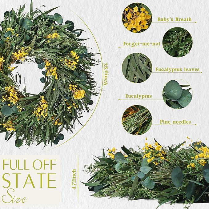 24" Large Front Door Wreath with Dried Flowers for Spring Summer Fall & Winter (Green02)