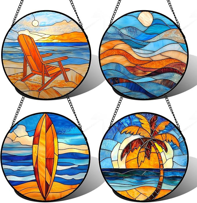 Stained Glass Window Hanging 4 Pcs Set Blue Orange Ocean Beach Theme Large 11.8" - Suncatcher Door Garden Sun Catcher Decor Birthday Christmas for Mom Woman Nana Men Wife