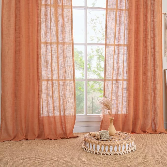 LAMIT Burnt Orange Linen Curtains 54 Inch Length 2 Panels, Light Filtering Panels Back Tab and Rod Pocket Country Decor Drapes for Bathroom/Window/Bedroom, 52 x 54 Inch