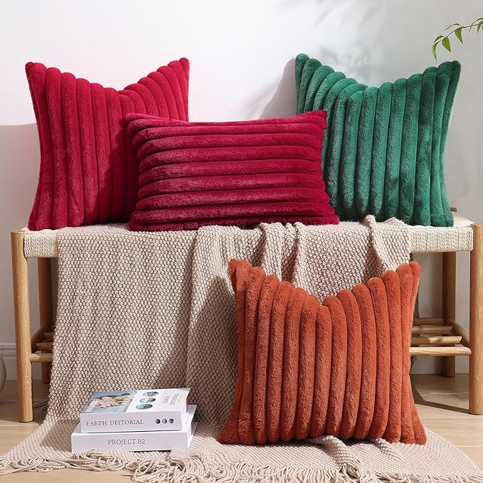 decorUhome Faux Fur Christmas Throw Pillow Covers 18x18 Set of 2, Decorative Soft Plush Striped Neutral Couch Euro Pillow Covers with Velvet Back for Sofa, Bed, Living Room Home Decor, Red