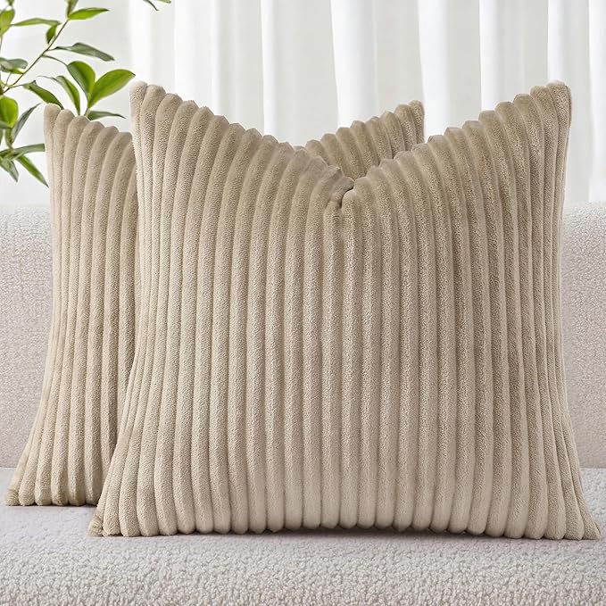 Simmore Decorative Christmas Throw Pillow Covers 24x24 Set of 2, Soft Natural Plush Flannel Double-Sided Fluffy Couch Pillow Covers for Sofa Living Room, Khaki