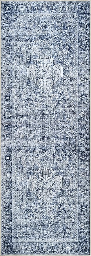 Bloom Rugs Washable Non-Slip 12 ft Runner - Ivory/Denim Blue Traditional Medallion Runner for Entryway, Hallway, Bathroom, and Kitchen - Exact Size: 2.5' x 12'