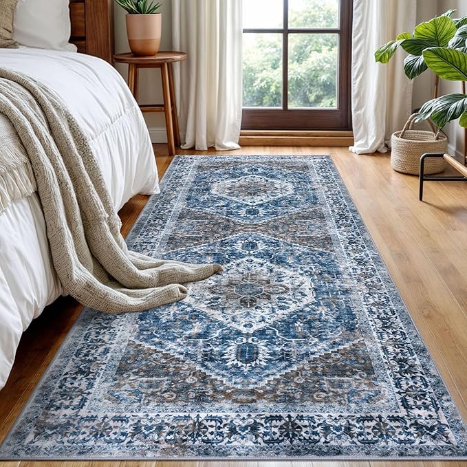 KOZYFLY Runners for Hallways 3x8 Ft Washable Kitchen Runner Rug Boho Runner Rug for Entryway Indoor Blue Printed Oriental Faux Wool Floor Carpet Runner for Bedroom Kitchen Hall