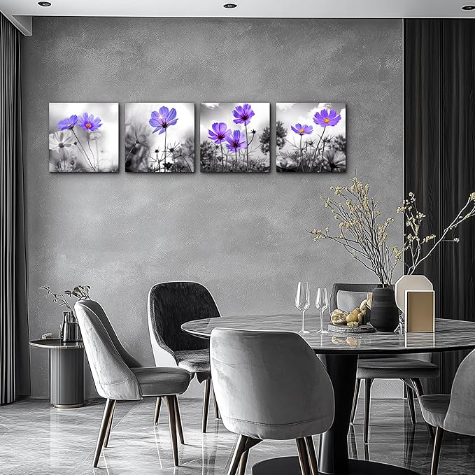 bathroom wall Decor wall art for bedroom Canvas Prints for kitchen poster pictures artwork Home wall Decorations for living room 16" x 16" 4 Pieces Framed Black and white landscape purple flowers
