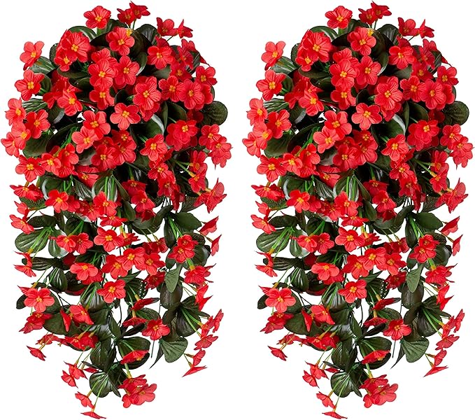 HyeFlora Artificial Fake Hanging Plants Flowers for Outdoor Outside Winter Christmas Decoration, 2 PCS Faux Silk Daisy Mums Red Orchid Vines UV Resistant Realistic for Home Indoor Porch Patio Balcony