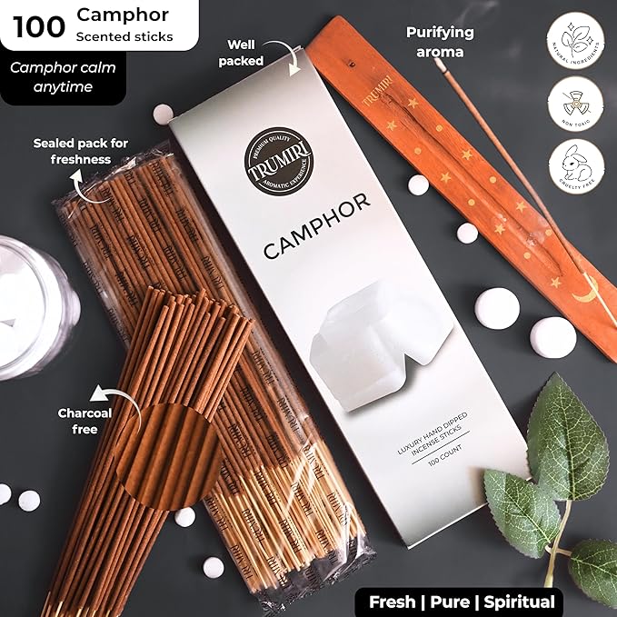 Camphor Incense Sticks - Bulk Pack of 100 Insence-Sticks - Made with Natural Non Toxic Alcanfor Inscent - Scented Incienso Spiritual Insense Incents