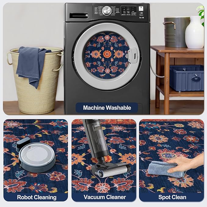 Tangsoo Floral Area Rug 5x7 Machine Washable Red Blue Rug Non-Slip Vintage Distressed Boho Print, Low Pile Carpet for Living Room, Bedroom, Dining Room, Pet & Child Friendly (Red Blue)