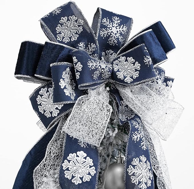 MEEDEE Navy Blue Tree Topper Navy Blue Christmas Tree Topper Bow 12 inch Wide Navy Blue Silver Glitter Yule Tree Wreath Bow Christmas Decorations Silver Snowflake Garland Bow Holiday Lantern (1 Pack)
