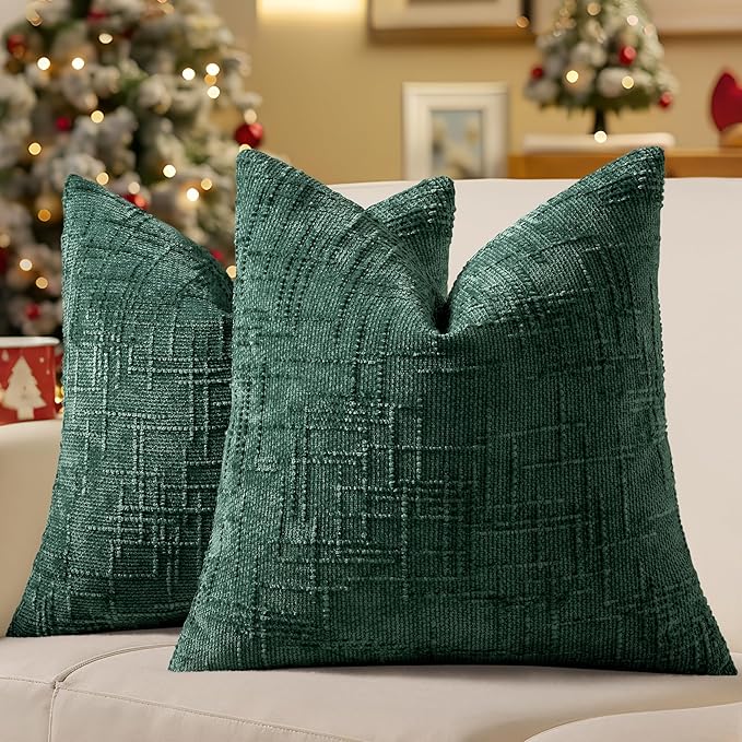 decorUhome Christmas Green Chenille Throw Pillow Covers 22x22 Set of 2 Thick Textured Slubby Couch Pillow Covers Farmhouse Accent Modern Neutral Decorative Pillow Cases for Bed Sofa Living Room