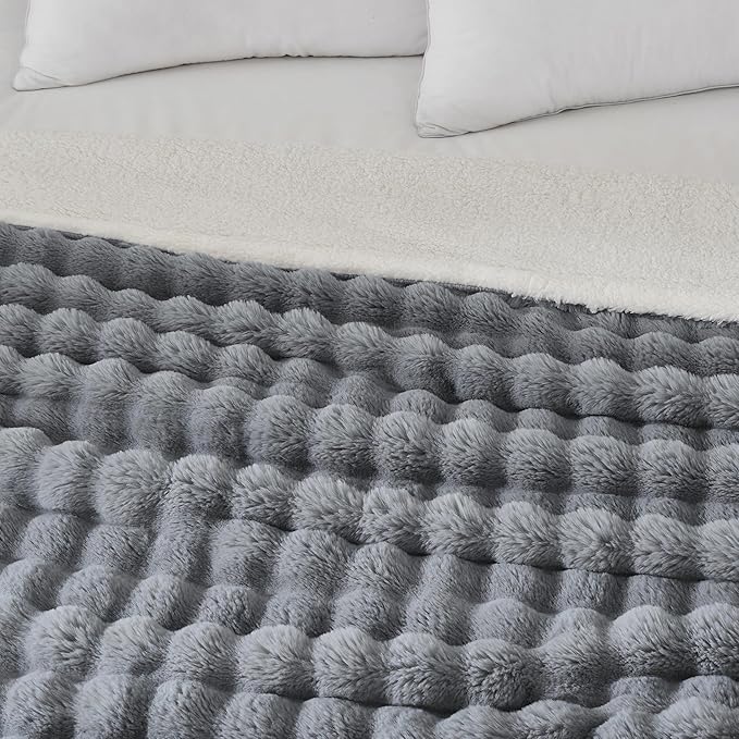 50x60 Inches Ultra-Soft Fuzzy Faux Fur Plush Throw Blanket - Thick, Warm Sherpa for Couch, Sofa, Bedroom, Camping - Decorative Blanket for Cozy Warmth, Bubble Grey