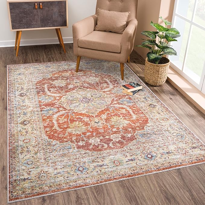 Bloom Rugs Caria Washable Non-Slip 4x6 Rug - Orange/Olive Beige Traditional Area Rug for Living Room, Bedroom, Dining Room, and Kitchen - Exact Size: 4' x 6'