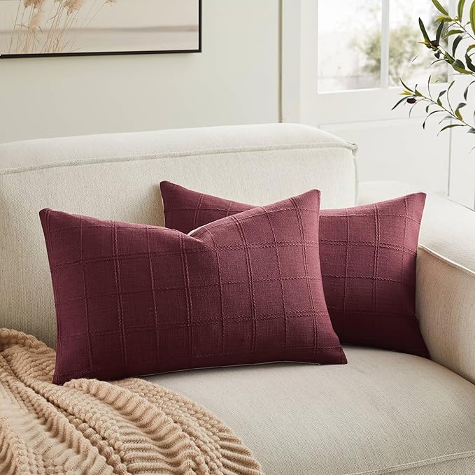 ZeeMart Linen Checked Lumbar Throw Pillow Covers Set of 2, 12x20 Inch Burgundy/Cream, Farmhouse Decorative Single Sided Grid Embroidered Couch Pillow Cases Red Cotton Linen Cushion Covers