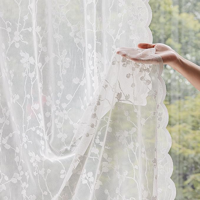 White Lace Semi-Sheer Curtains – Vintage Branch Pattern for Bedroom/Bathroom, Light Filtering Rod Pocket Drapes, Privacy Chic Window Treatments Scalloped Hem, 52W x 72L Inch, 2-Panel Set