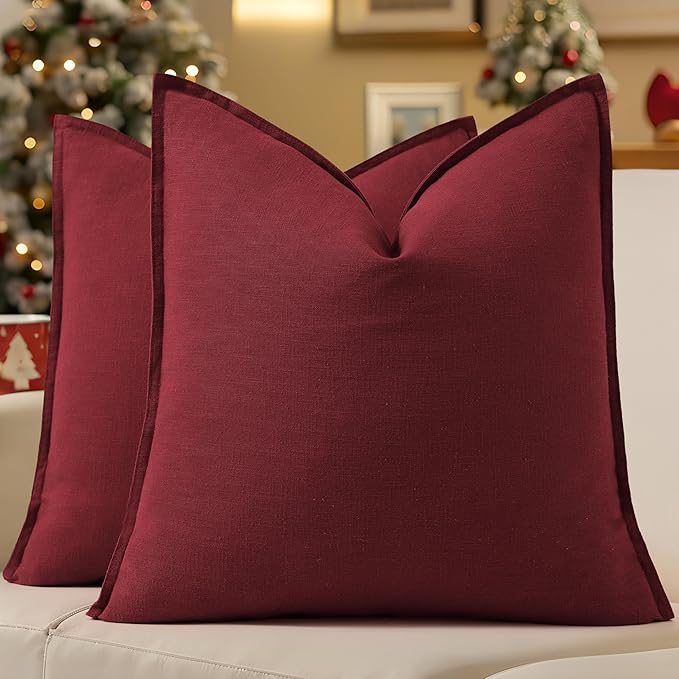 decorUhome Christmas Decorative Linen Throw Pillow Covers 18x18 Inch Set of 2 Burgundy Soft Pillow Covers with Flange Edges Soft Farmhouse Boho Accent Pillow Cases for Couch Sofa Bed Living Room