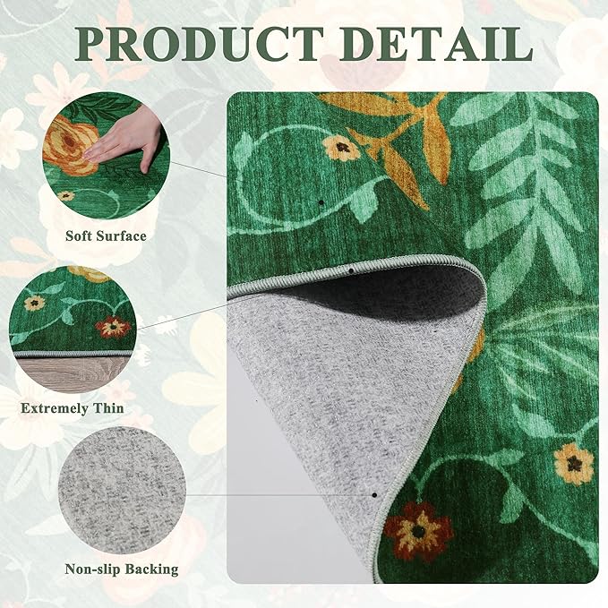DUKINO Runner Rug, 2.6x8 Kitchen Rug for Hallway with Non Slip Backing, Washable Low Pile Soft Boho Floral Runner Carpet for Hallway, Kitchen, Entryway, Laundry, Bedroom, Dark Green