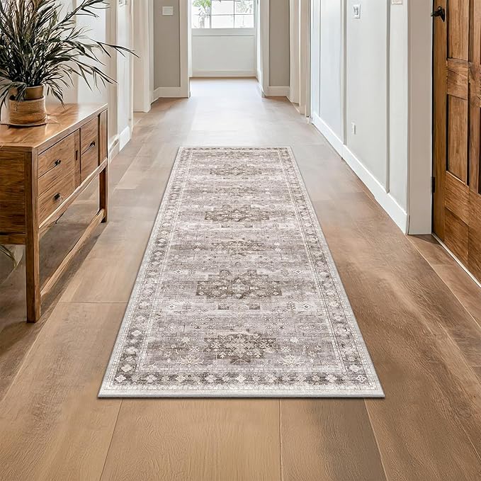 Boho 2x7 Long Runner, Neutral Farmhouse Hallway Rug, Small Throw Runners for Bedroom, Bathroom, Kitchen, Vintage Floral Decor & Non-Slip Low-Pile Washable Stain Resistant, Latte Beige