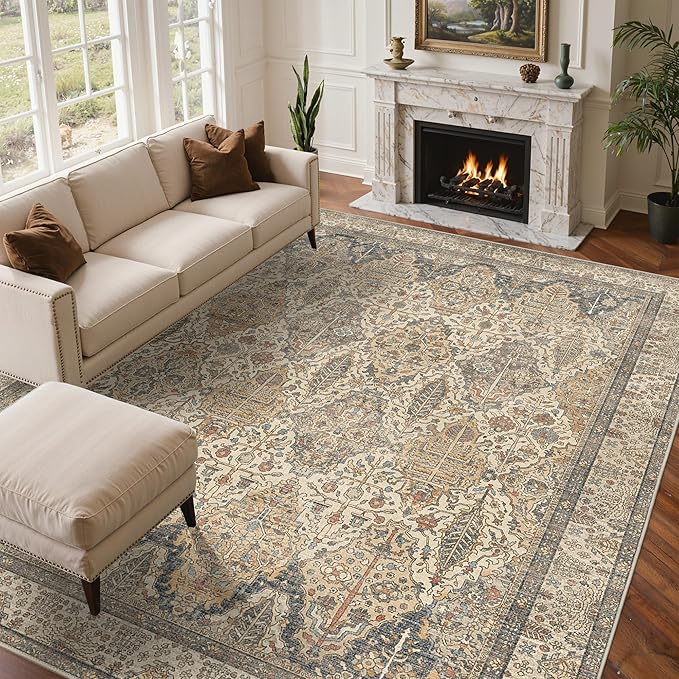 GENIMO 6x9 Area Rugs for Living Room, Machine Washable Low Pile Rugs, Chenille Non Alip Vintage Rug for Bedroom, Dining Room, Home Office, Beige Khaki