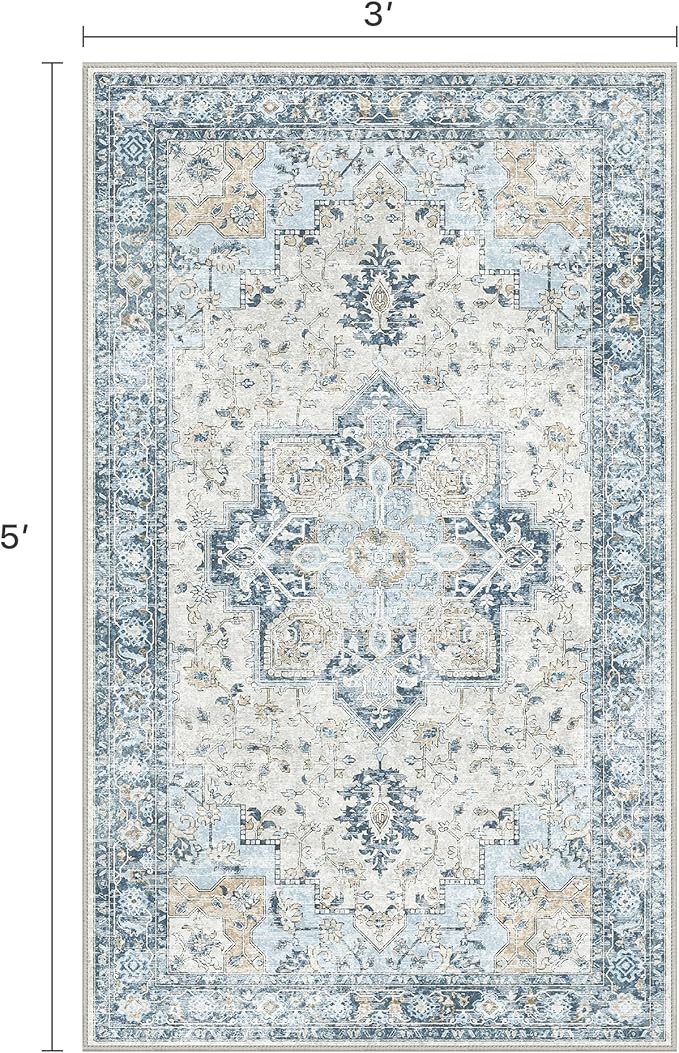 3x5 Area Rugs for Living Room, Machine Washable Rug, Non Slip Vintage Rugs, Low Pile Lightweight Print Rug for Bedroom, Dining Room, Home Office, Blue