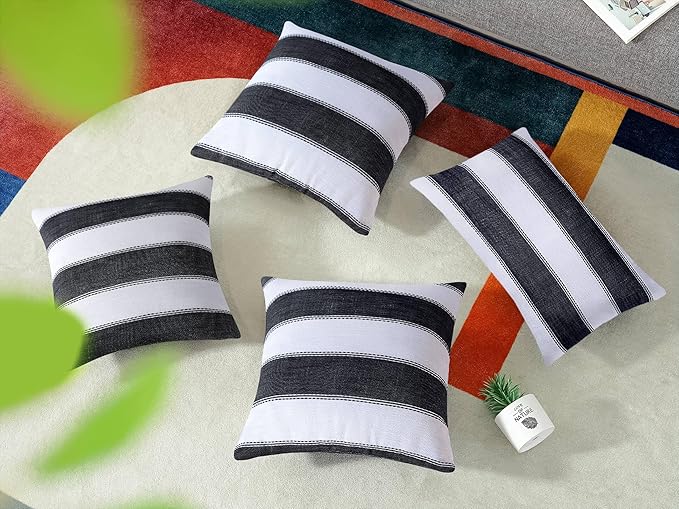 AmHoo Pack of 2 Farmhouse Stripe Check Throw Pillow Covers Set Case Cotton Linen Decorative Pillowcases Cushion Cover for Couch Bench Sofa 20x20Inch Black