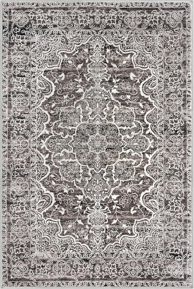 KUTA Vintage Floral Rug 3x5, Area Rugs for Living Room Tan Grey Washable Kitchen Non-Slip, Ultra Soft Printed Distressed Tribal Low-Pile Entry Throw Carpet for Nursery Living Room
