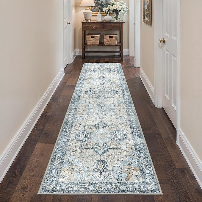 Runner Rug 2'6''x10, Non Slip Vintage Hallway Runner Rugs, Low Pile Lightweight Machine Washable Mat for Hallway, Entryway, Bedroom, Kitchen and Corridor, Blue