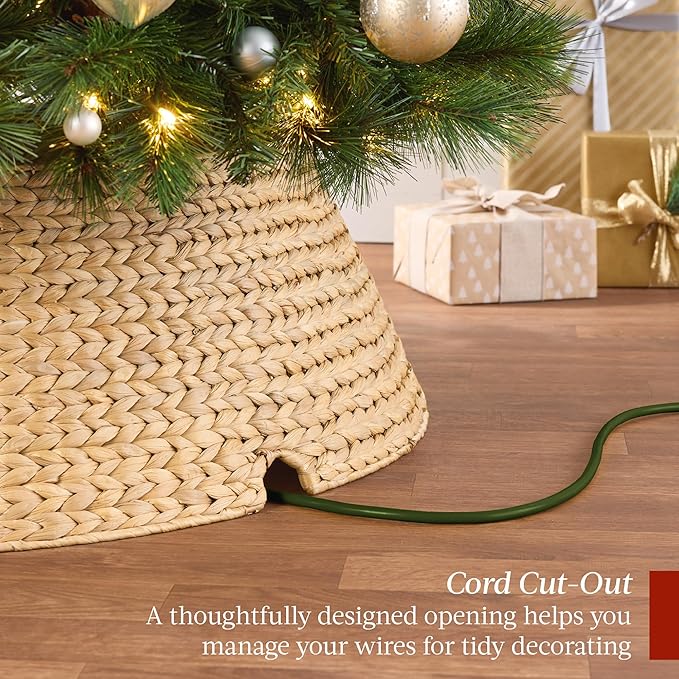 Best Choice Products 24in Christmas Tree Collar, Woven Hyacinth 3-Piece Holiday Rattan Tree Skirt Accessory for Home w/Cord Cut-Out - Natural