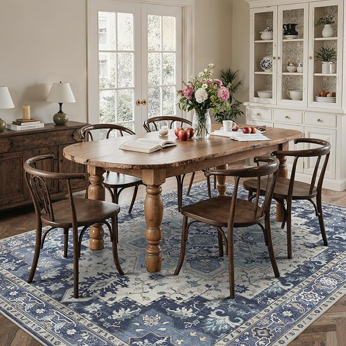 8x10 Area Rugs for Living Room, Machine Washable Non Slip Vintage Rugs, Low Pile Lightweight Print Rug for Bedroom, Dining Room, Home Office,Center Blue