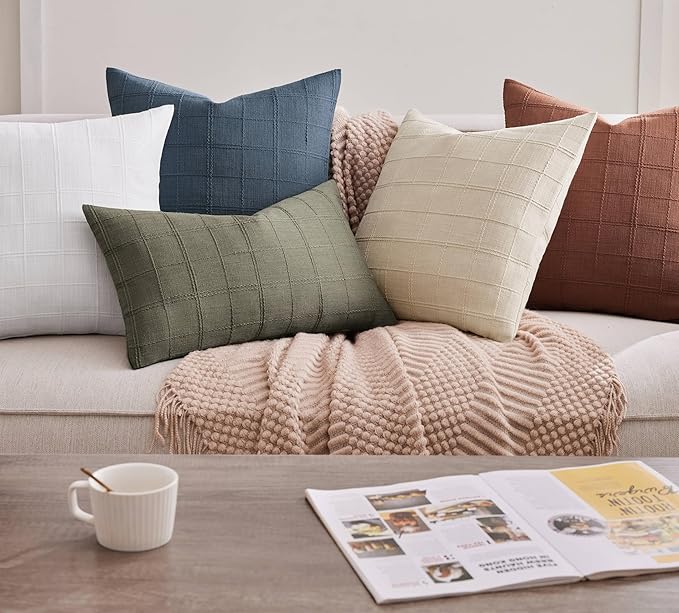 ZeeMart Linen Checked Throw Pillow Covers Set of 2, 20x20 Inch Allover Grid Terracota, Farmhouse Decorative Double Sided Grid Embroidered Couch Pillow Cases Rust Cotton Linen Cushion Covers