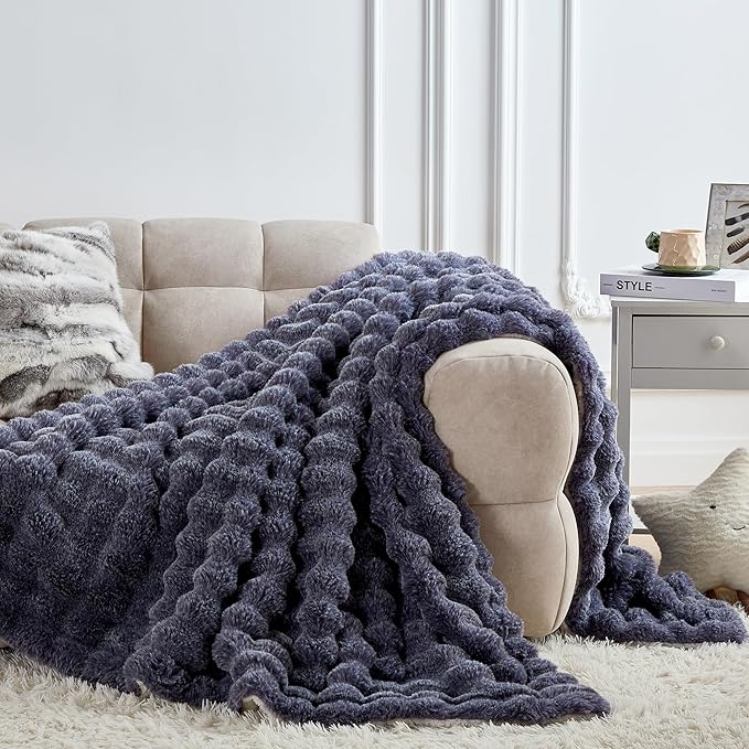 50x60 Inches Ultra-Soft Fuzzy Faux Fur Plush Throw Blanket - Thick, Warm Sherpa for Couch, Sofa, Bedroom, Camping - Decorative Blanket for Cozy Warmth, Bubble Dark Purple