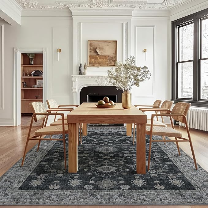 GENIMO Machine Washable 8x10 Area Rugs for Living Room, Non Slip Vintage Rugs, Low Pile Lightweight Chenille Print Rug for Bedroom, Dining Room, Home Office, Charcoal