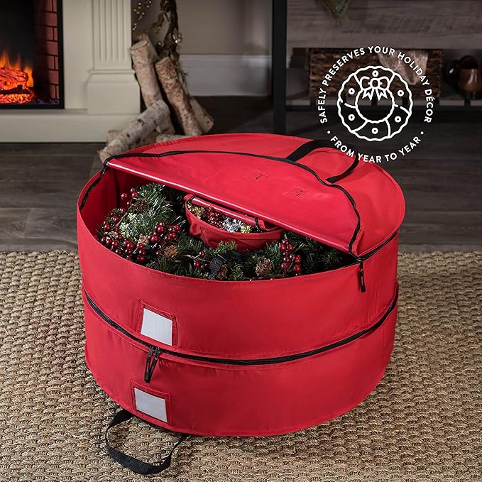 ZOBER Christmas Wreath Storage Container 30 Inch - Wreath Bag Fits 2 Wreaths Box - 600D Oxford Fabric - Interior Compartment for Storing Garlands, Wreaths Storage Bag W Strong Durable Handles - Red