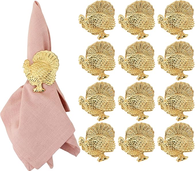 ALPHA Living HOME Turkey Napkin Rings Set of 12 for Thanksgiving Table Decor | Premium Metal Dinnerware Holders | Fall Harvest, Christmas & Holiday Banquet Accessories (Gold)