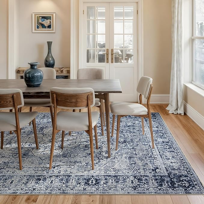 Bloom Rugs Washable Non-Slip 6' x 9' Rug - Ivory/Denim Blue Traditional Medallion Area Rug for Living Room, Bedroom, Dining Room, and Kitchen - Exact Size: 6' x 9'