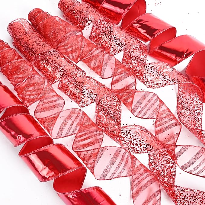 Red Metallic Glitter Topper Bow for Christmas Tree 11 Inch Topper Bow with 6 Ribbons 3 Yards Long Each Tails Christmas Tree Ribbon Bows Elegant Holiday Decor