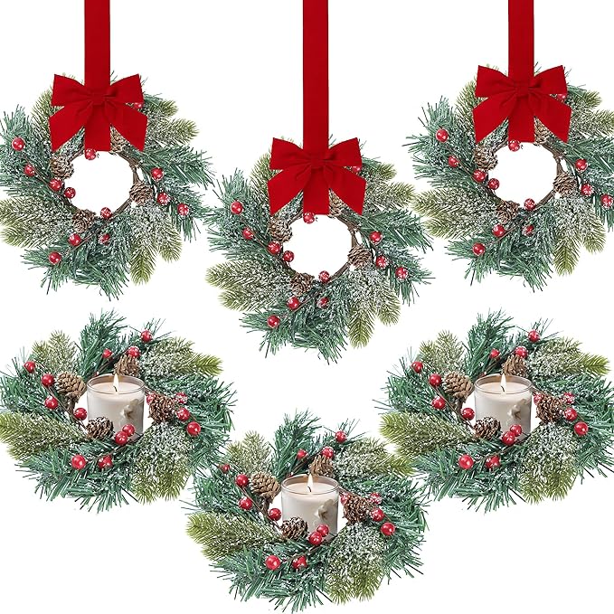 Sggvecsy 6 Pcs Christmas Candle Rings Norfolk Pine Wreath Table Centerpieces Artificial Red Berries Pinecones Small Wreaths Kitchen Cabinets Pillars Mini Candle Rings for Window Front Door Decor
