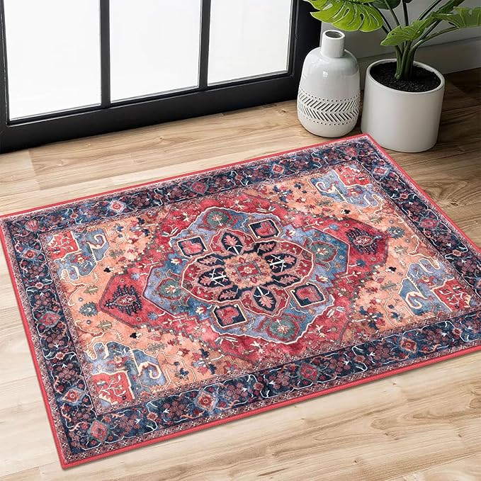 2x3 Vintage Washable Rug, Red Soft Area Rug for Entryway, Boho Non-Slip Indoor Door Mat, Low-Pile Kitchen Rugs, Floor Carpet for Entrance Kitchen Bedside Farmhouse