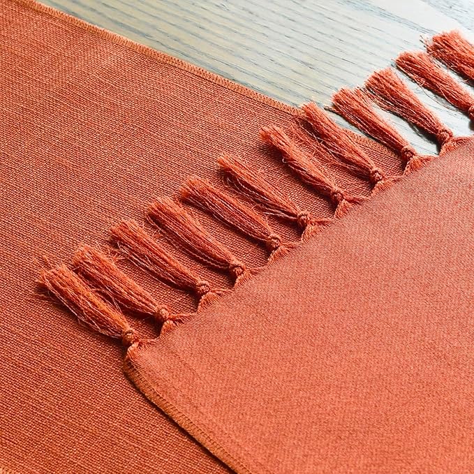 Artoid Mode Terracotta Orange Tassel Table Runner, Fall Linen Blend Rustic Farmhouse Style Kitchen Table Decoration Holiday Wedding Party Dinning Decor 13x48 Inch