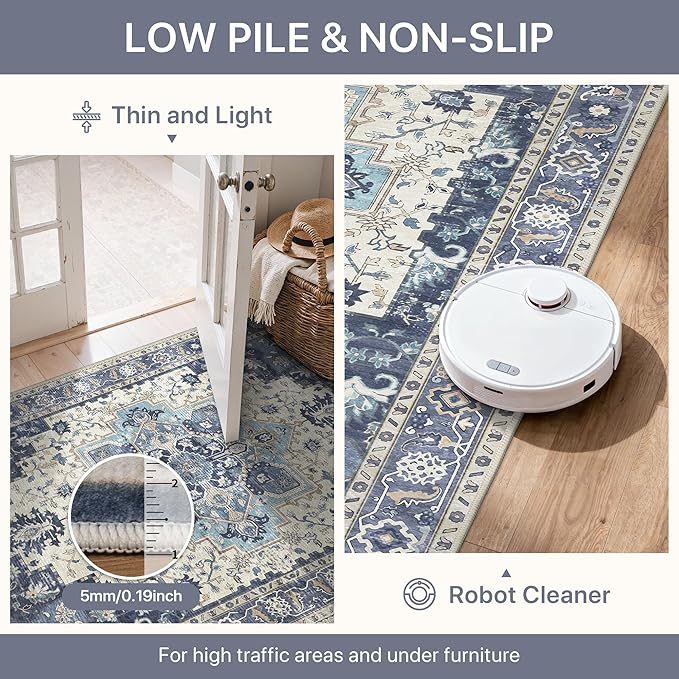 2'6''x6 Runner Rugs for Hallway, Machine Washable Non Slip Vintage Rugs, Low Pile Lightweight Soft Print Rug for enrtyway, Corridor, Home Office, Kitchen, Center Blue